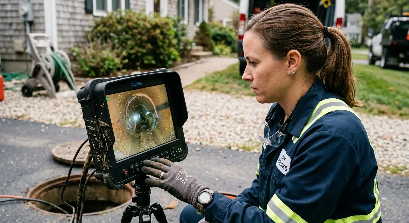 Technician reviewing sewer camera inspection footage in Burlington